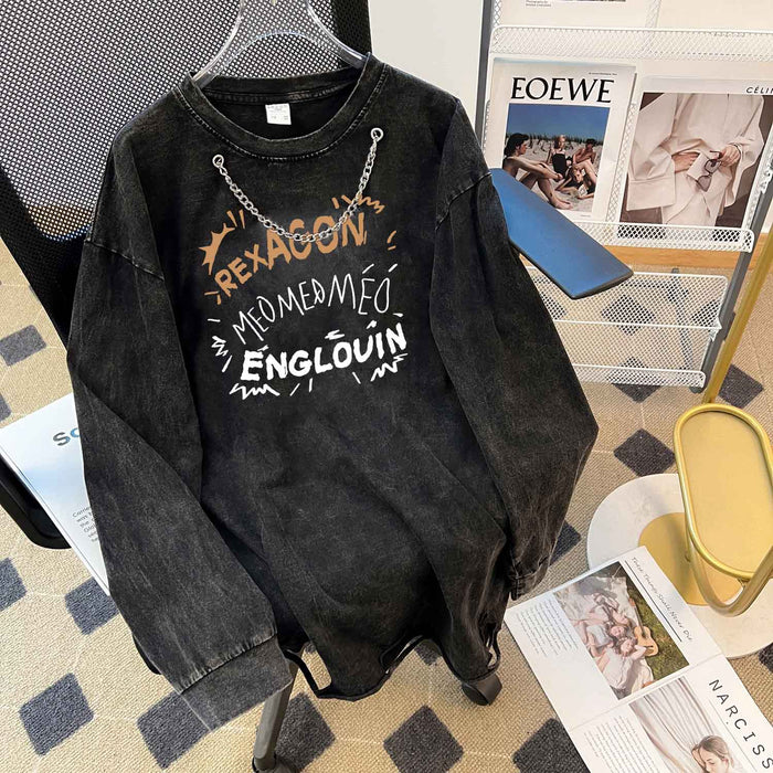 Street Washed Distressed Long T Shirt Women Washed Retro Heavy Cotton round Neck Ripped Sweater