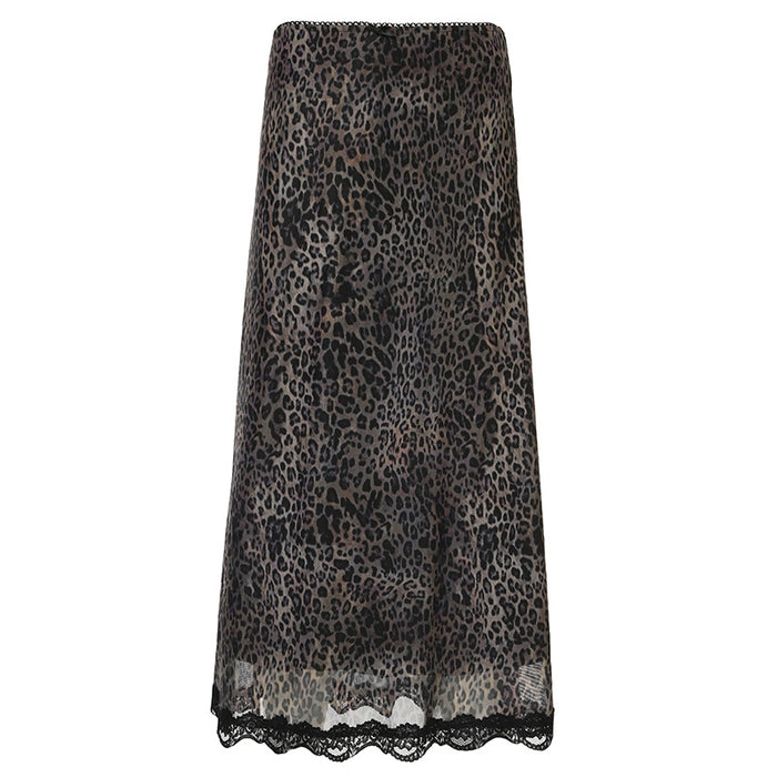 Vintage Leopard Print Stitching Lace Skirt Autumn Trendy Fashionable Stylish High Waist Slimming Midi Women