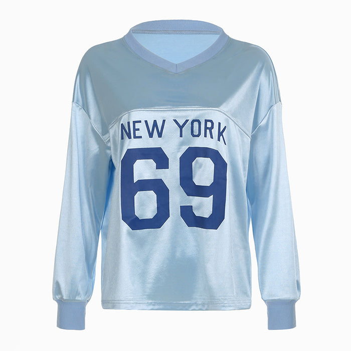Casual Contrast Color Digital Satin T shirt Street Trend Unisex Loose All Match V neck Exercise Jersey Top