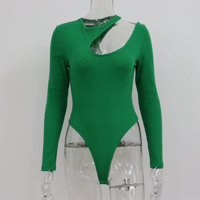 Rib Hollow Out Cutout out Bodysuit Women Spring Long Sleeve Sexy Top Simple Slimming