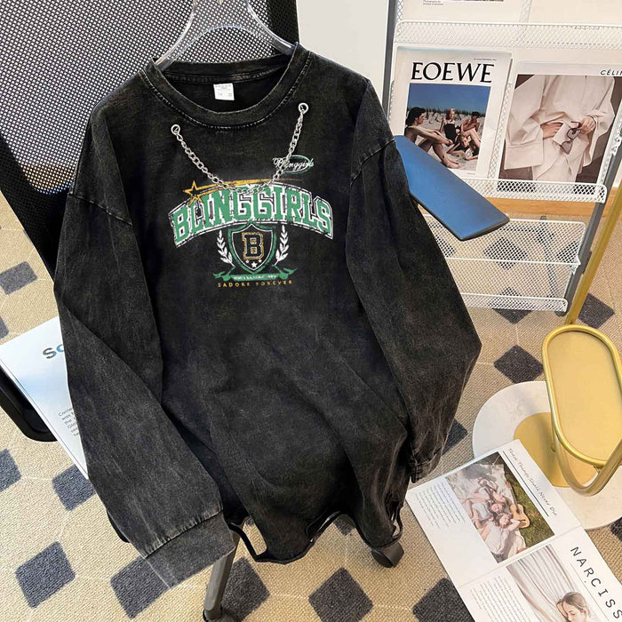 Special Interest Design Washed out Vintage Cotton round Neck Ripped Sweater Washed Worn Brand Printing Long T Shirt