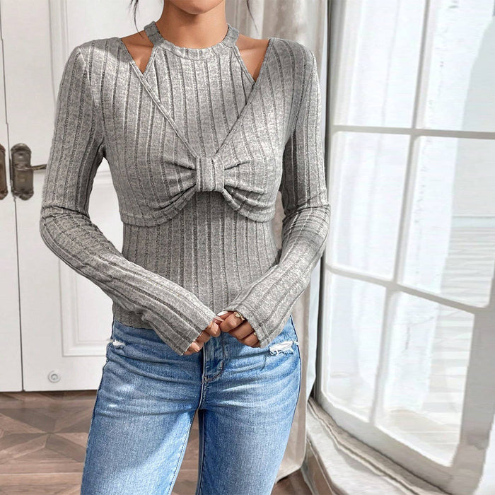 Women Clothing Simple Elegant T Shirt Autumn Winter False Two Piece Elegant Halter Long Sleeve Top