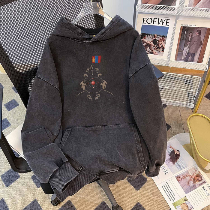 Washed Worn Mid Length Loose Top Washed out Vintage Cotton Chinese Cotton Composite Hooded Sweater