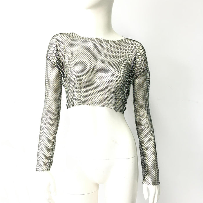 Top Stretch Mesh Drilling Long-Sleeved T shirt Party Music Festival Cool Top