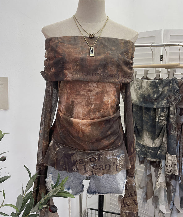 Off Shoulder Ribbon Tie Dyed Printed Mesh Small Shirt Top Sexy Design Pleated Long Sleeve T Shirt
