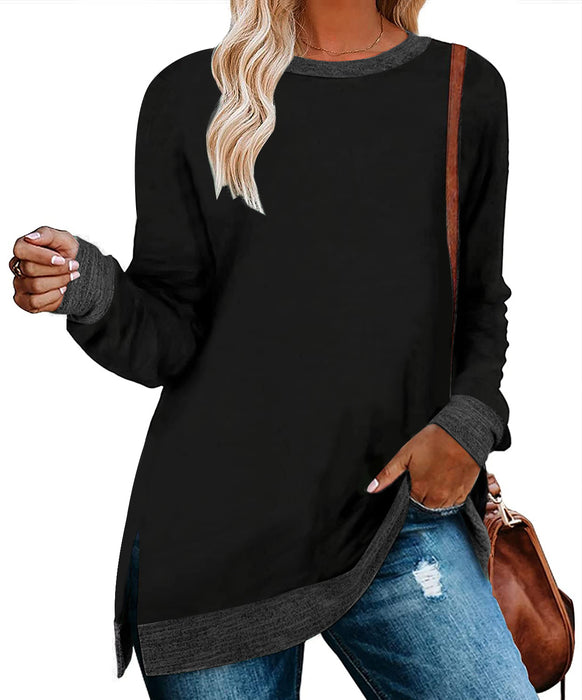 Women Clothing Long Sleeve round Neck Multicolor Split Top Loose Casual Pullover T-shirt