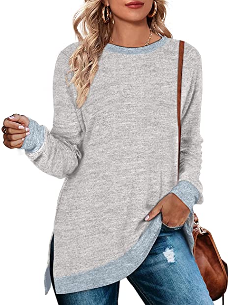 Women Clothing Long Sleeve round Neck Multicolor Split Top Loose Casual Pullover T-shirt