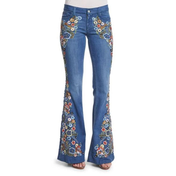 Women Jeans Embroidered Slim Fit Slimming Washed Bell-Bottom Pants Jeans for Women