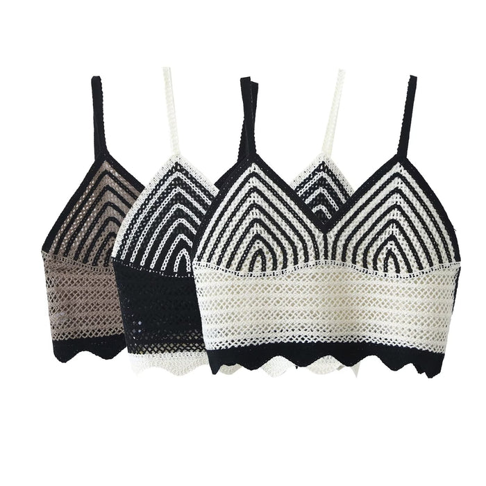 Spring Summer Sexy Deep V Plunge Plunge neck Black White Contrast Color Crochet Criss Cross Small Sling