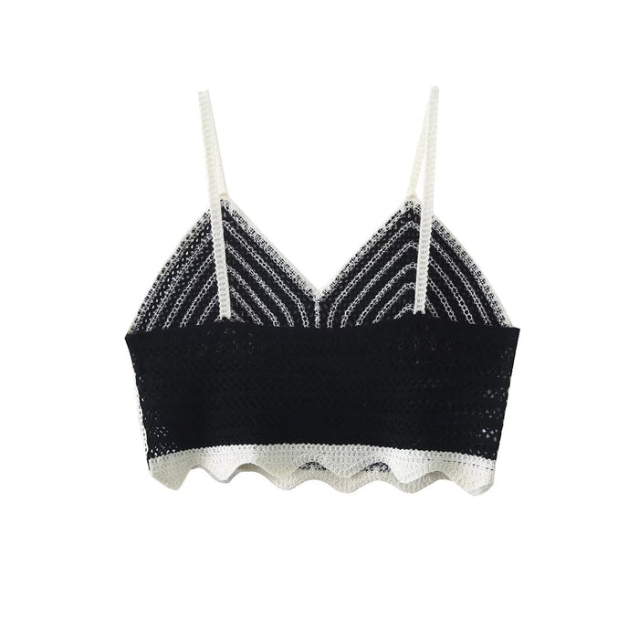 Spring Summer Sexy Deep V Plunge Plunge neck Black White Contrast Color Crochet Criss Cross Small Sling