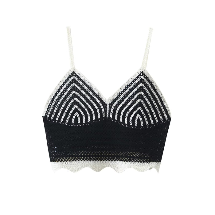 Spring Summer Sexy Deep V Plunge Plunge neck Black White Contrast Color Crochet Criss Cross Small Sling