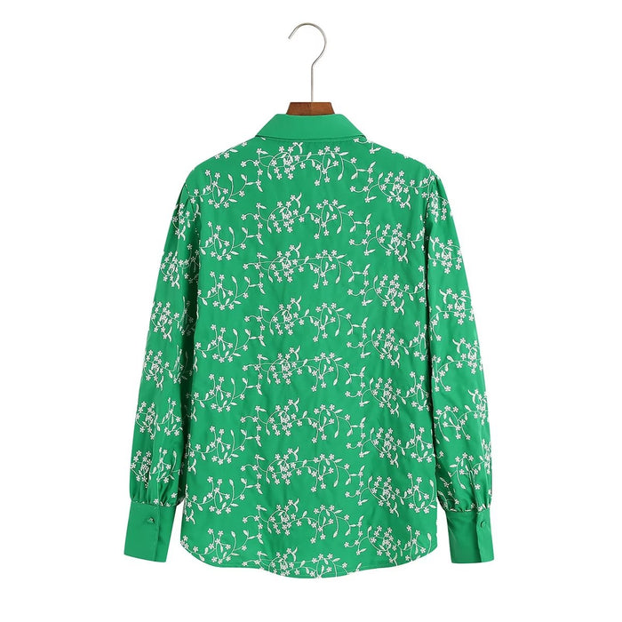 Fall Women Clothing Casual Green Embroidery Shirt Long Sleeve Embroidered Shirt