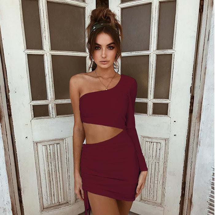 Women Clothing Sexy Hollow Out Cutout Strap Hip One Shoulder Long Sleeve Dress