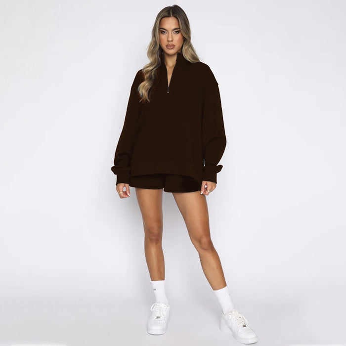 Autumn Winter Solid Color Stand Collar Zipper Pullover Long Sleeve Sweater Women Shorts Set