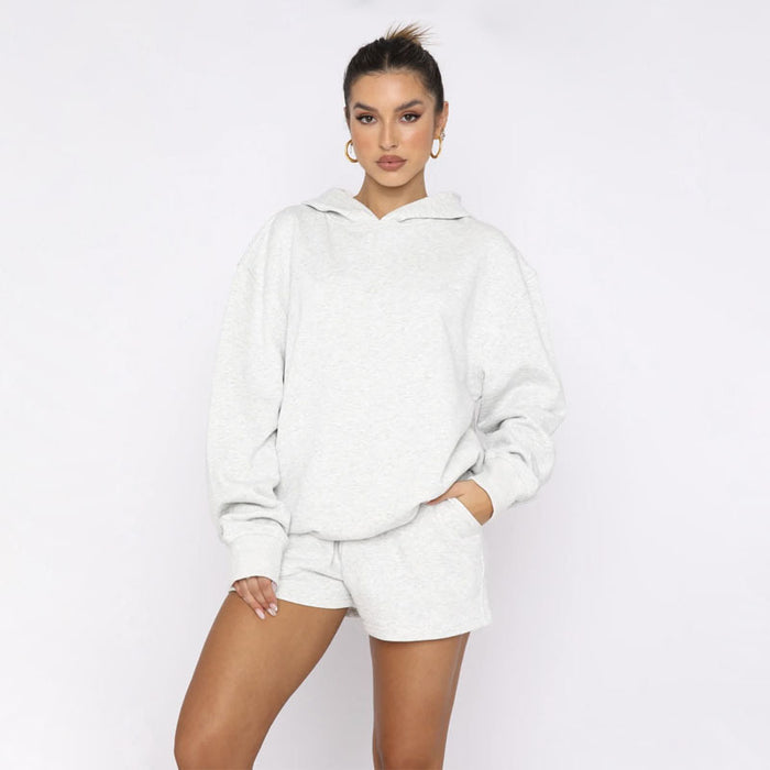 Autumn Winter Solid Color Pullover Hooded Long Sleeves Sweaters Women Clothing Casual Shorts Suit