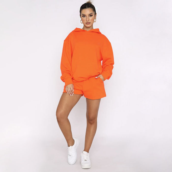 Autumn Winter Solid Color Pullover Hooded Long Sleeves Sweaters Women Clothing Casual Shorts Suit