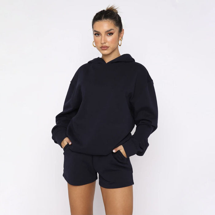 Autumn Winter Solid Color Pullover Hooded Long Sleeves Sweaters Women Clothing Casual Shorts Suit