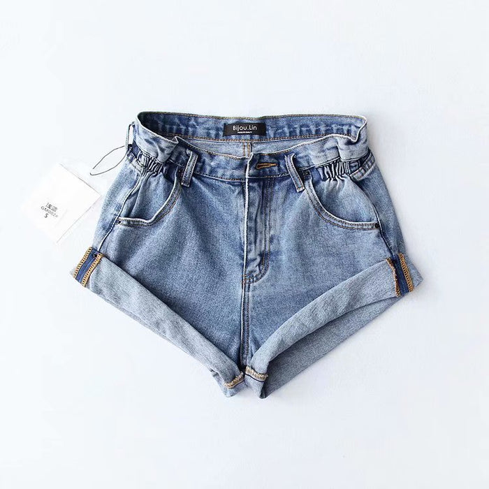 Summer Denim Shorts Elastic Waist Curling Denim Pants Casual Daily Shorts