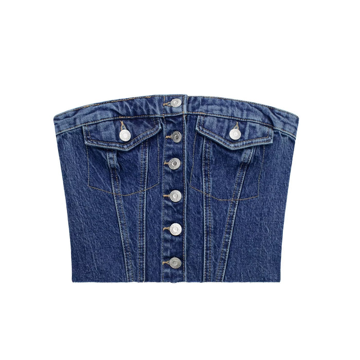 Autumn Washed Denim Corset Tube Top Sweet Sleeveless Top Women