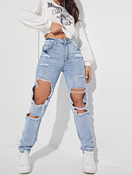 High Waist Straight Large Ripped Denim Trousers Women