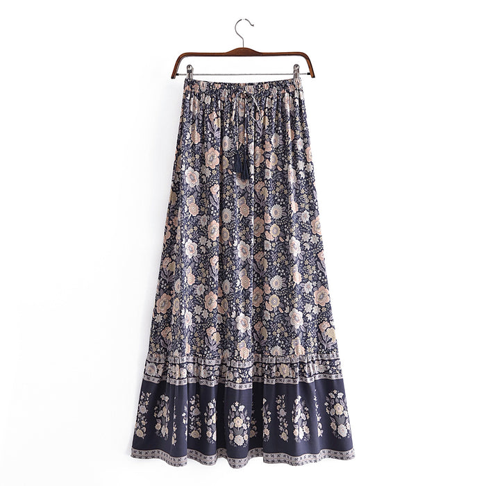 Spring Summer Rayon Positioning Floral Tassel Elastic Waist Skirt