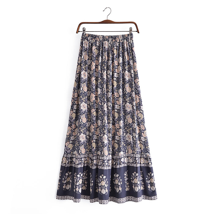 Spring Summer Rayon Positioning Floral Tassel Elastic Waist Skirt