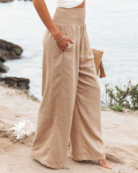 Spring Summer Women Clothing Cotton Linen Solid Color Elastic Waist Wide Leg Pants Casual Pants Trousers