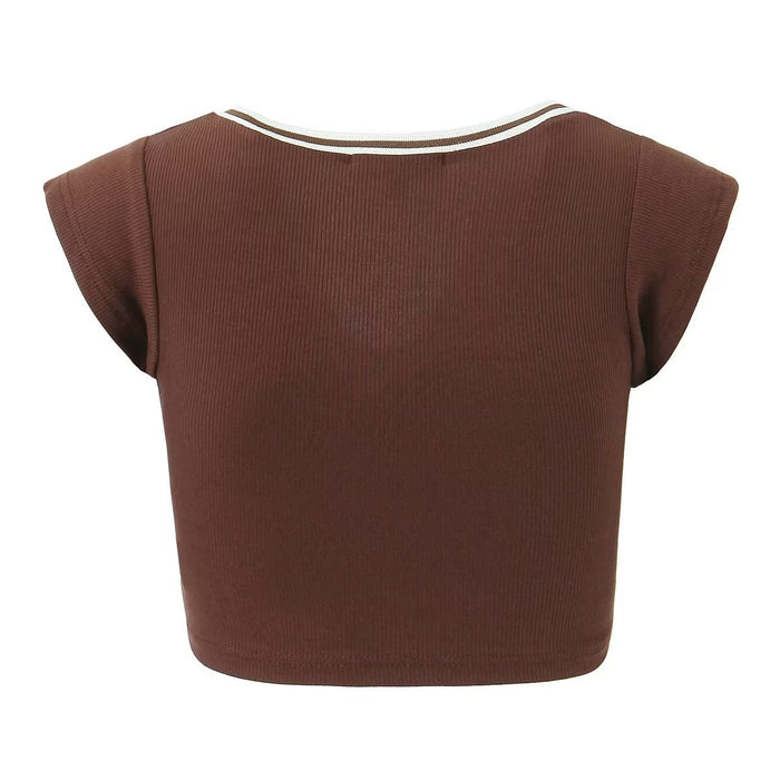 Spring Sexy Crop Top Tight Fitting Brown High Elastic Thread Small Top T shirt for Women