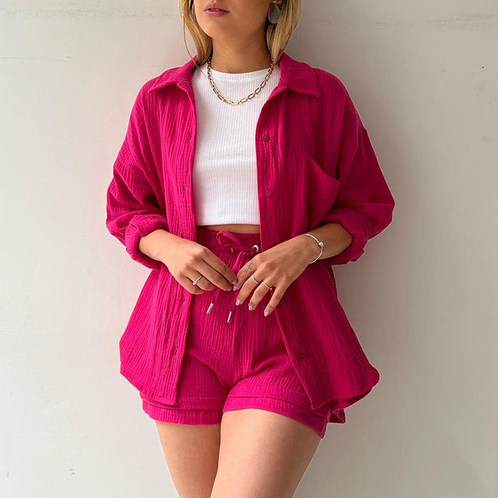 Spring Summer Casual Solid Color Shirt Shorts Two Piece Set Women