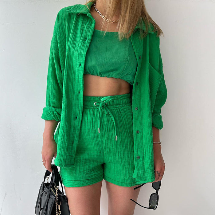 Spring Summer Casual Solid Color Shirt Shorts Two Piece Set Women