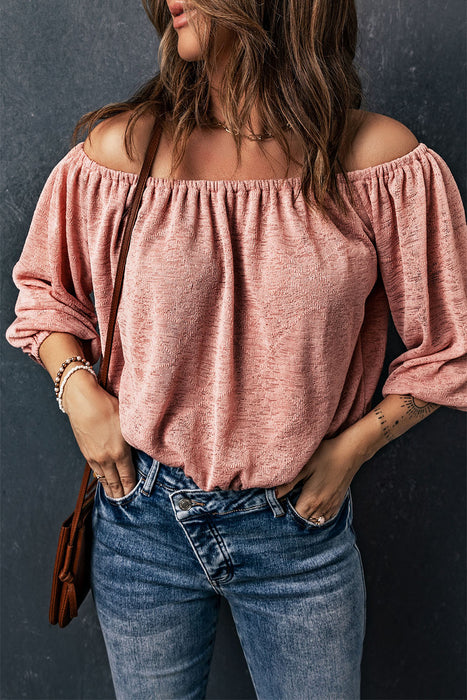 Pink Subtle Jacquard Long Sleeve Off Shoulder Blouse