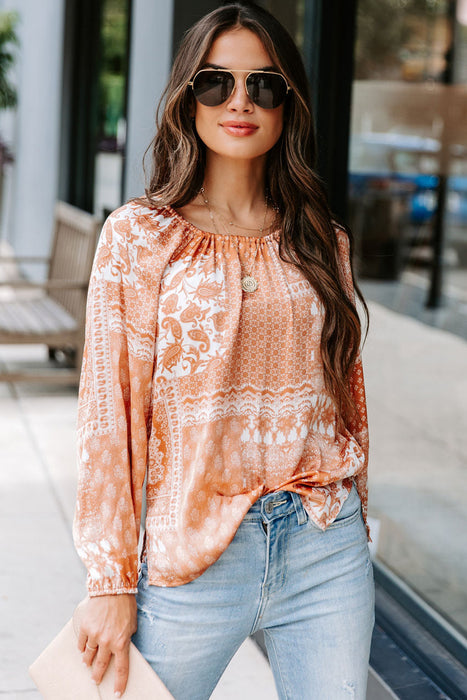 Orange Boho Printed Drawstring Round Neck Blouse