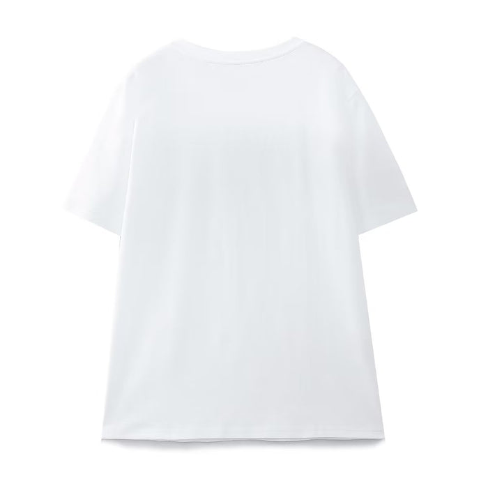 Summer Women Casual Girl Pattern Printed round Neck White T shirt Top