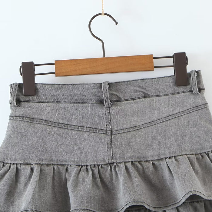 Summer Sexy High Waist Denim Skirt Retro Design Wooden Ear Puffy Cake A line Miniskirt