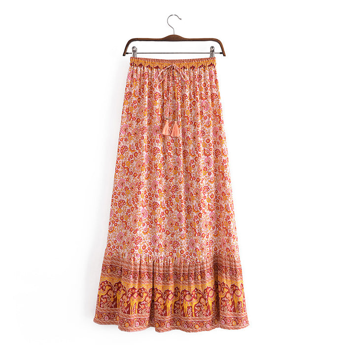 Bohemian Vacation Positioning Printing Tassel Tied Elastic Waist Big Hem Skirt