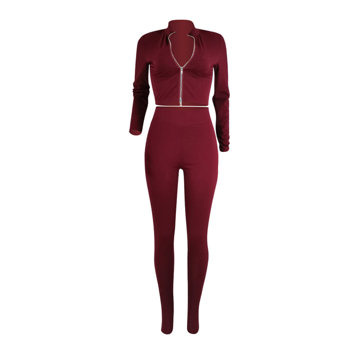 Women Clothing Solid Color Double Zipper Sunken Stripe Two Piece Set Women Clothing