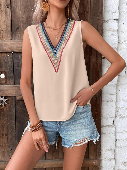 Summer Lace Top V Neck Pullover Casual Shirt Sleeveless Vest Women