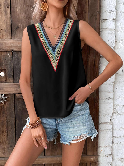 Summer Lace Top V Neck Pullover Casual Shirt Sleeveless Vest Women