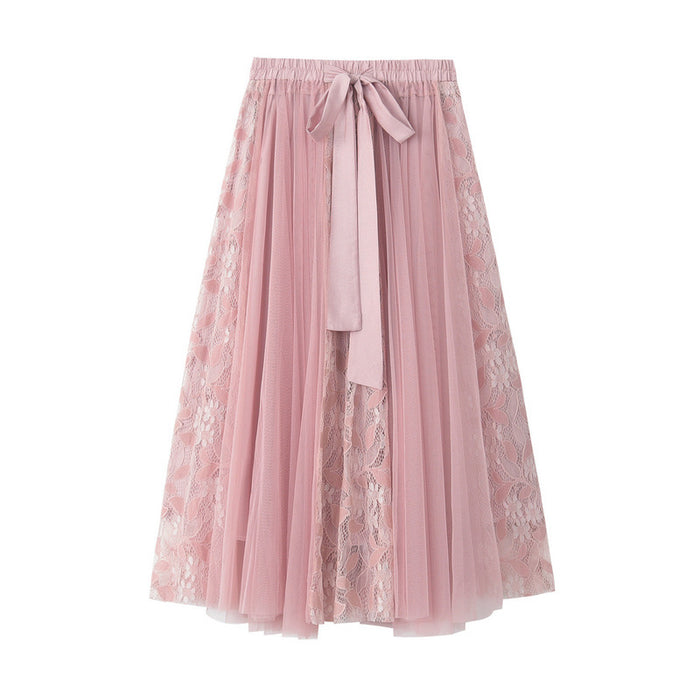 Spring All Match Bow Tied High Waist Lace Embroidery Patchwork Tulle Skirt