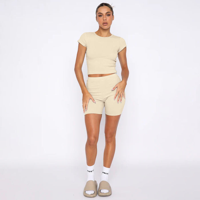 Summer Solid Color round Neck Pullover Short Sleeve Women Two Piece Casual Shorts Suit