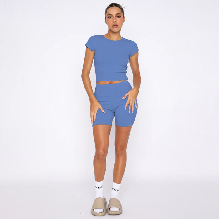 Summer Solid Color round Neck Pullover Short Sleeve Women Two Piece Casual Shorts Suit