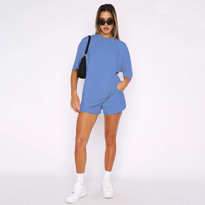 Solid Color round Neck Half Sleeve Pullover Top Women Clothing Casual Shorts Suit Summer