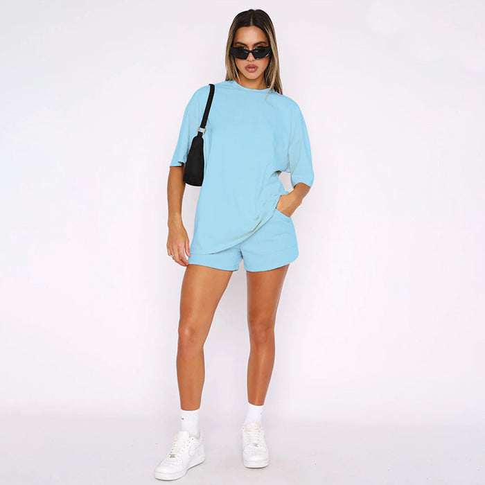 Solid Color round Neck Half Sleeve Pullover Top Women Clothing Casual Shorts Suit Summer