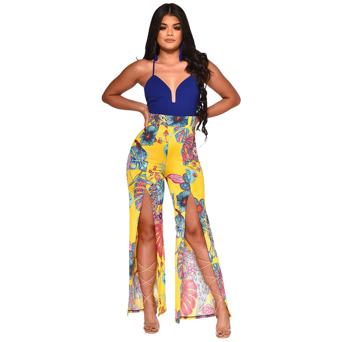 Boutique Sling Backless Slit Leaf Printed Jumpsuit