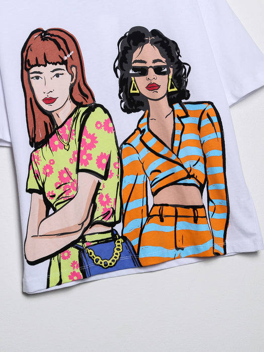 Summer Ladies round Neck White Printed Cartoon Women Clothing Girl Printed Short Sleeve T shirt