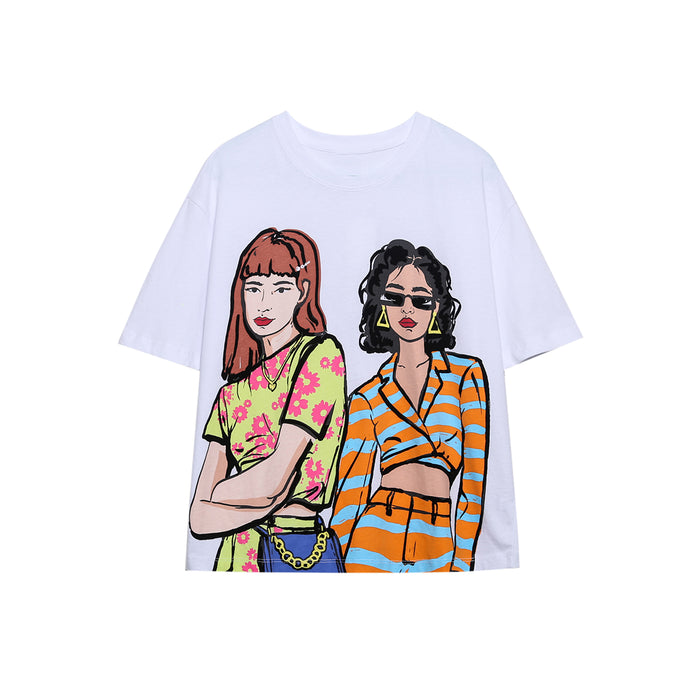 Summer Ladies round Neck White Printed Cartoon Women Clothing Girl Printed Short Sleeve T shirt