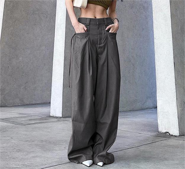 Distressed Gray Woven Straight Leg Pants Women Sexy High Waist Loose Slim Fit Draping Ribbon Trousers