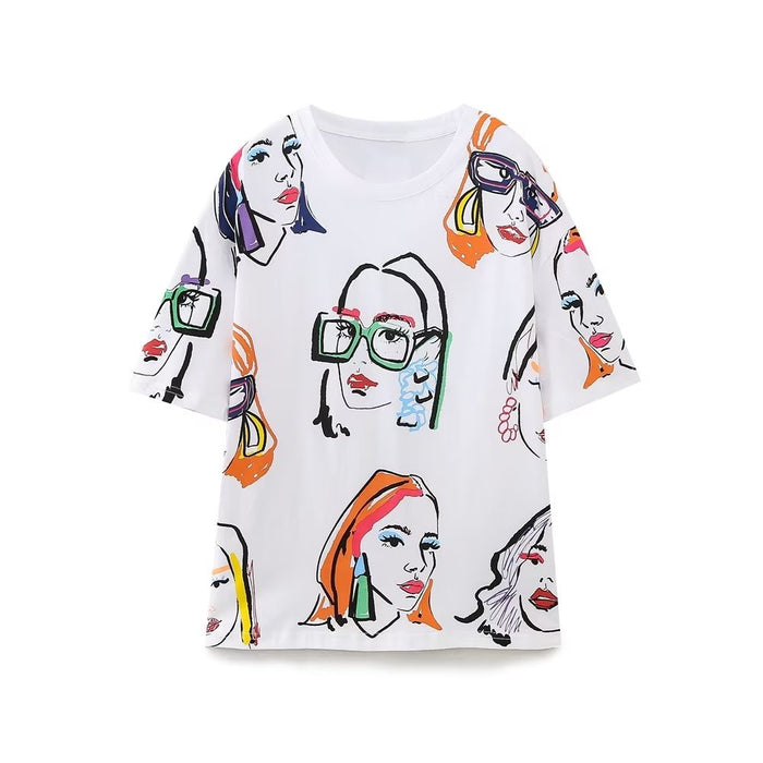 Summer Velvet Girl Printed White Round Neck Short Sleeve T shirt