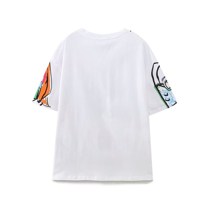 Summer Velvet Girl Printed White Round Neck Short Sleeve T shirt