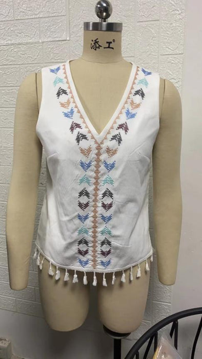 Women Clothing Summer Ethnic V neck Embroidery Stitching Hem Wool Tassel Vest Top